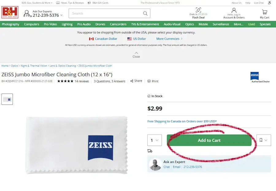 Desktop B&H Photo Video product page with Add to Cart button highlighted for coupon eligible product.