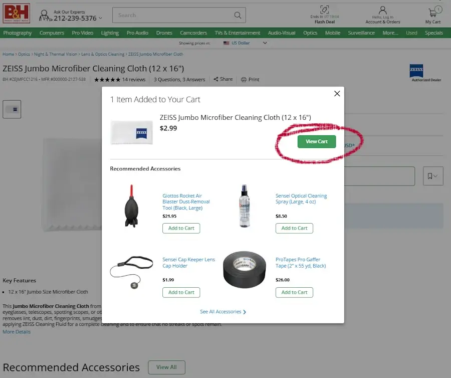 bhphoto-desktop-2 Desktop B&H cart page with View Cart button highlighted.