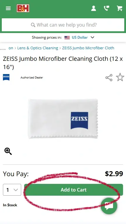Mobile B&H Photo Video product page showing the Add to Cart button for an eligible item.