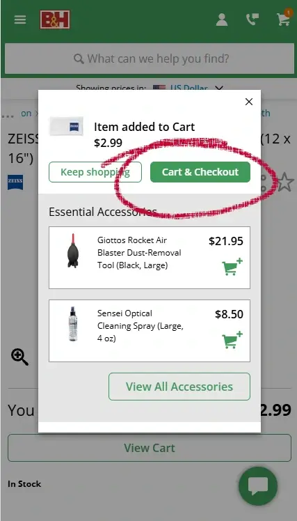 B&H Photo Video mobile cart page showing Cart and Checkout buttons highlighted before coupon code entry.