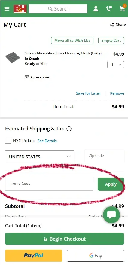Mobile B&H Photo Video cart page showing the coupon code entry box above the order subtotal.